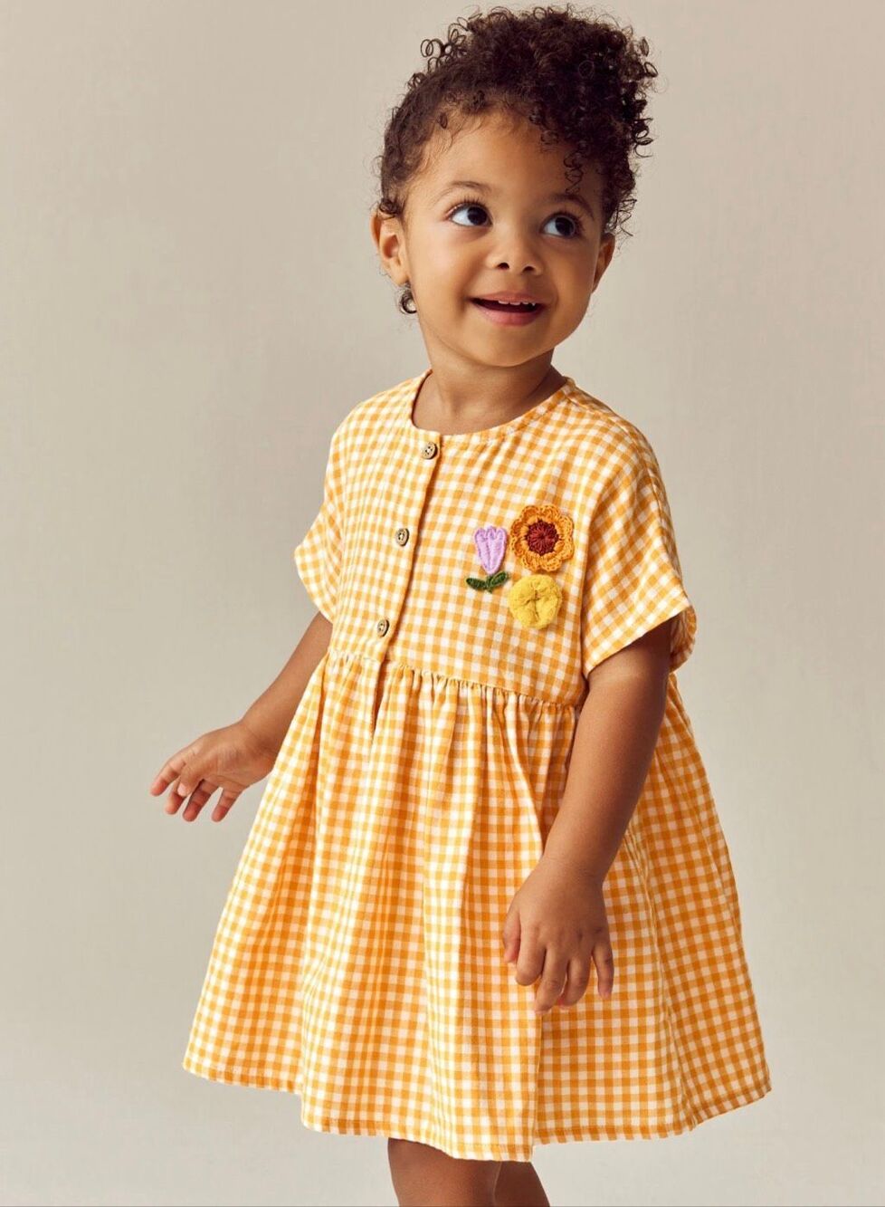 Next Toddler Girl Yellow Gingham Floral Applique Cotton Cottagecore Dress 2T